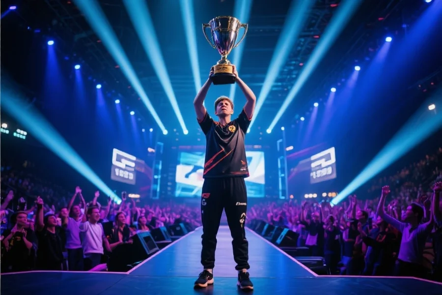 一名电竞选手在舞台上高举奖杯，身后是璀璨灯光和欢呼观众