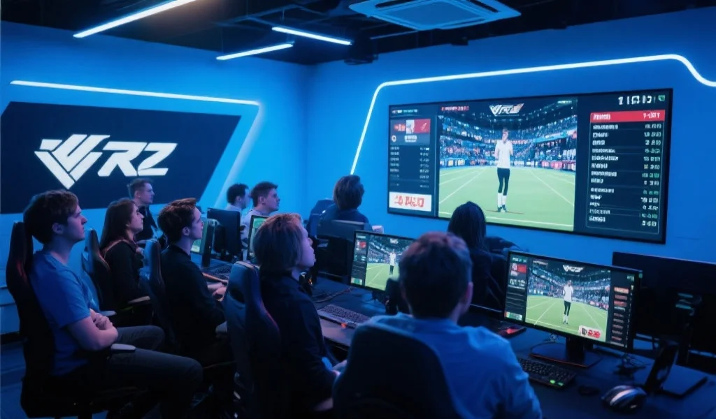 多人在明亮的电竞工作室内通过大屏幕一起观看实时比分和赛事直播，气氛紧张而专注